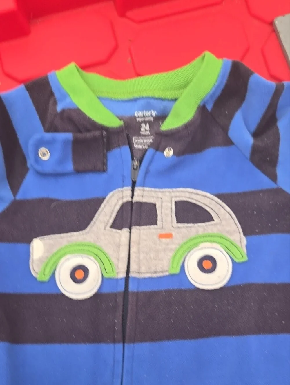 Carter's Blue & Navy Striped Kids Footed One-Piece with Car Patch